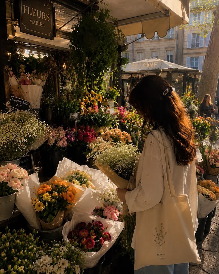 A woman choosing flowers at a sunlit flower market